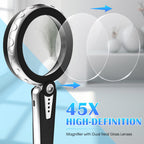 Magnus Opus 45X Magnifying Glass with Light, 4.6-Inch 1200mAh USB Rechargeable, 6 Color Modes for Low Vision Seniors, Reading, Jewelry & Coin Appraisal - Black Silver