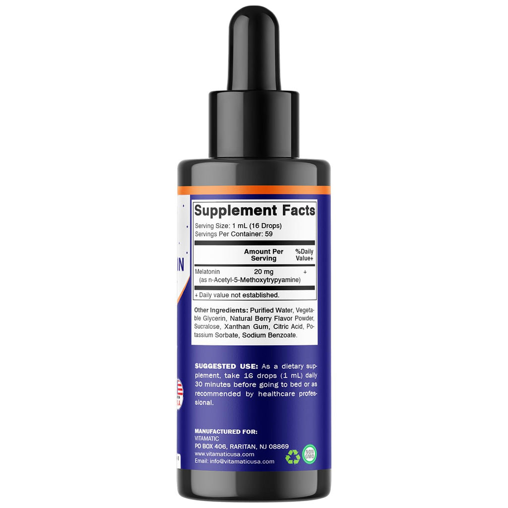 Vitamatic 2-Pack Melatonin 20mg Liquid Drops - 2 fl oz (59 ml) Each - Natural Berry Flavor - Non-GMO, Vegetarian Supplement for Adults