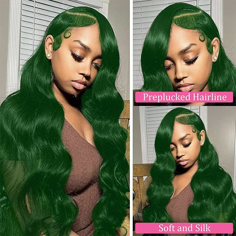 Green Lace Front Wigs Human Hair Body Wave 13x4 HD Lace Frontal Wig Pre Plucked with Baby Hair Dark Green Colored Brazilian Lace Front Human Hair Wigs Glueless 150% Density 18 inch