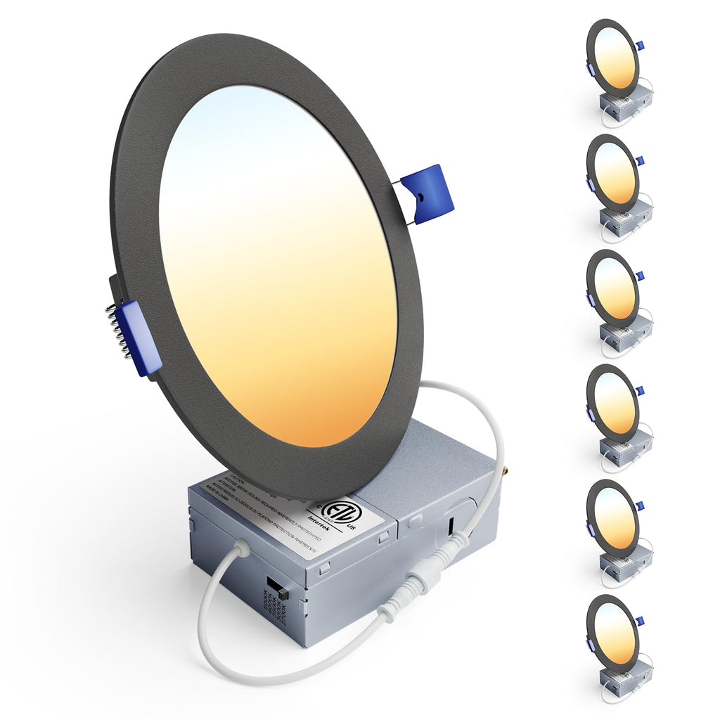 Ensenior 6 Pack 6 Inch LED Recessed Light, Dimmable, 2700K-5000K 5CCT, 1200LM High Brightness, 12W 120V, Damp Rated, Ultra-Thin Canless Wafer Light, Black - ETL & FCC & IC