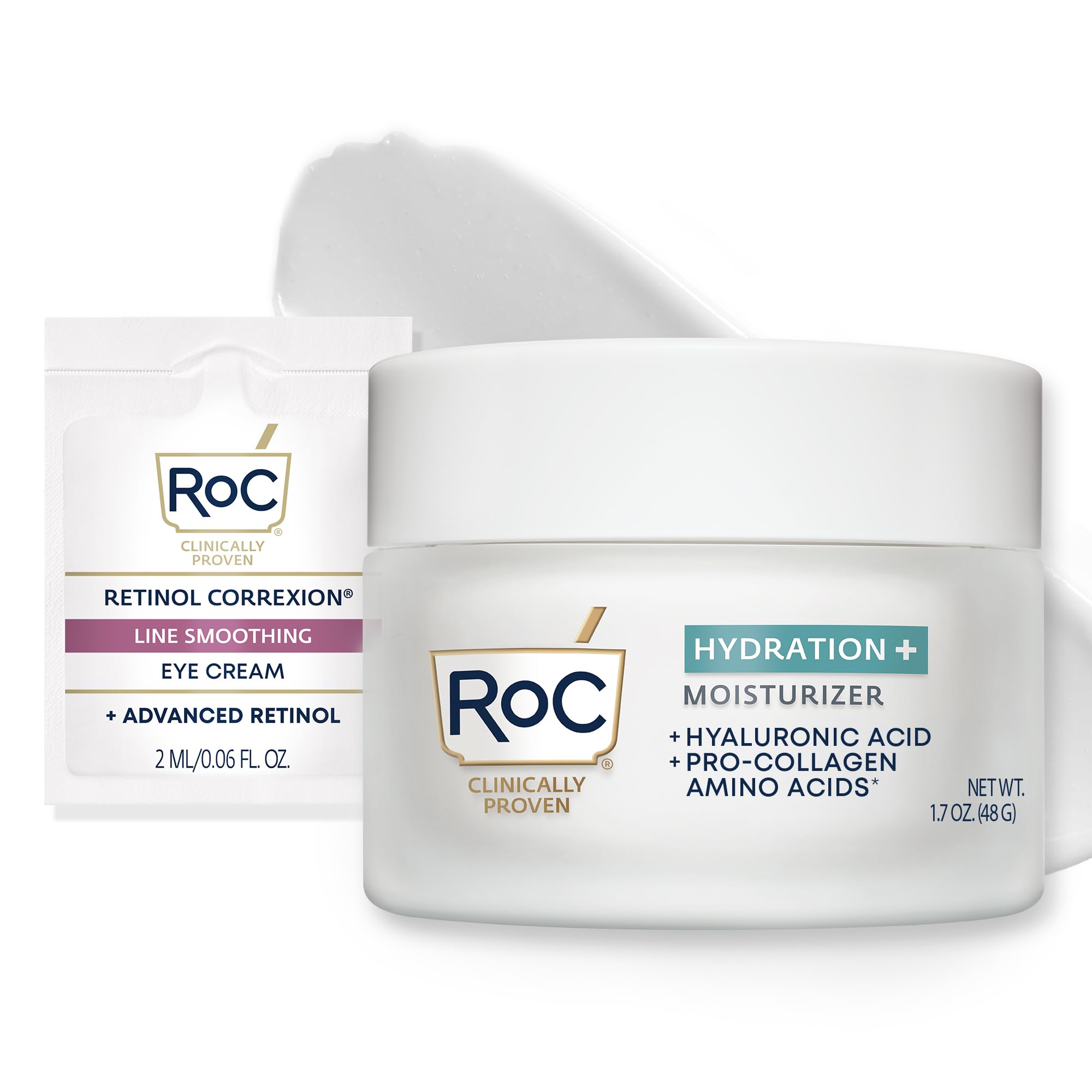 RoC Hydration+ Hyaluronic Acid Moisturizer Face Cream Fragrance Free Sensitive Face Moisturizer with Collagen Proteins 1.7 Ounces with Retinol Eye Cream Packette