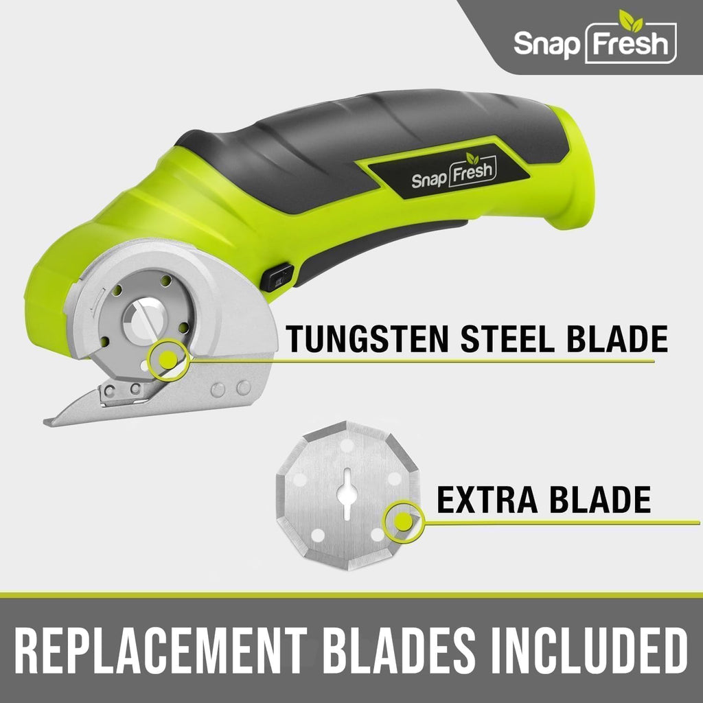 SnapFresh Cordless Electric Scissors, 4V Electric Mini Box Cutter, Carpet & Cardboard Cutter Tool with a Replacement Blade/Charger, Rotary Cutter for Cardboard Packages Leather Plastic （Green）