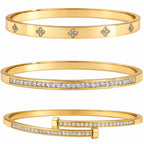 Xigocorsn Gold Bangles Bangle Bracelets Set for Women, genuine gold electroplating 3 Piece Elliptical Design with Cubic Zirconia Accents, 2.36 Inch Diameter, Waterproof Stainless Steel