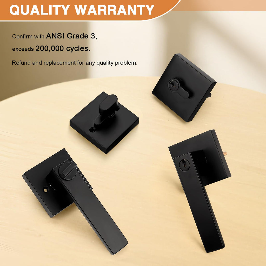 Probrico Flat Black Entry Levers Lock Sets and Single Cylinder Deadbolts Keyed Alike Combination Set, Heavy Duty Square Entry Door Locksets Front Door Bedroom Entrance Handles, 1 Pack(All Same Keys)