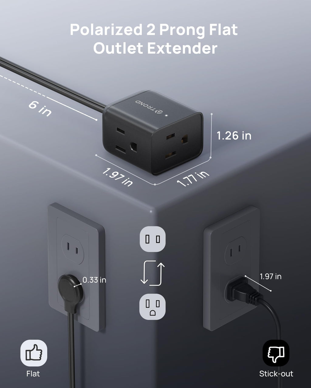 TROND Polarized 2 Prong to 3 Prong Outlet Adapter with 6 Inch Cord, Small 3 Way Outlet Extender No Blocking, Two Prong Flat Plug for Non-Ground Socket in Old Home Office Hotel Behind Furniture, Black