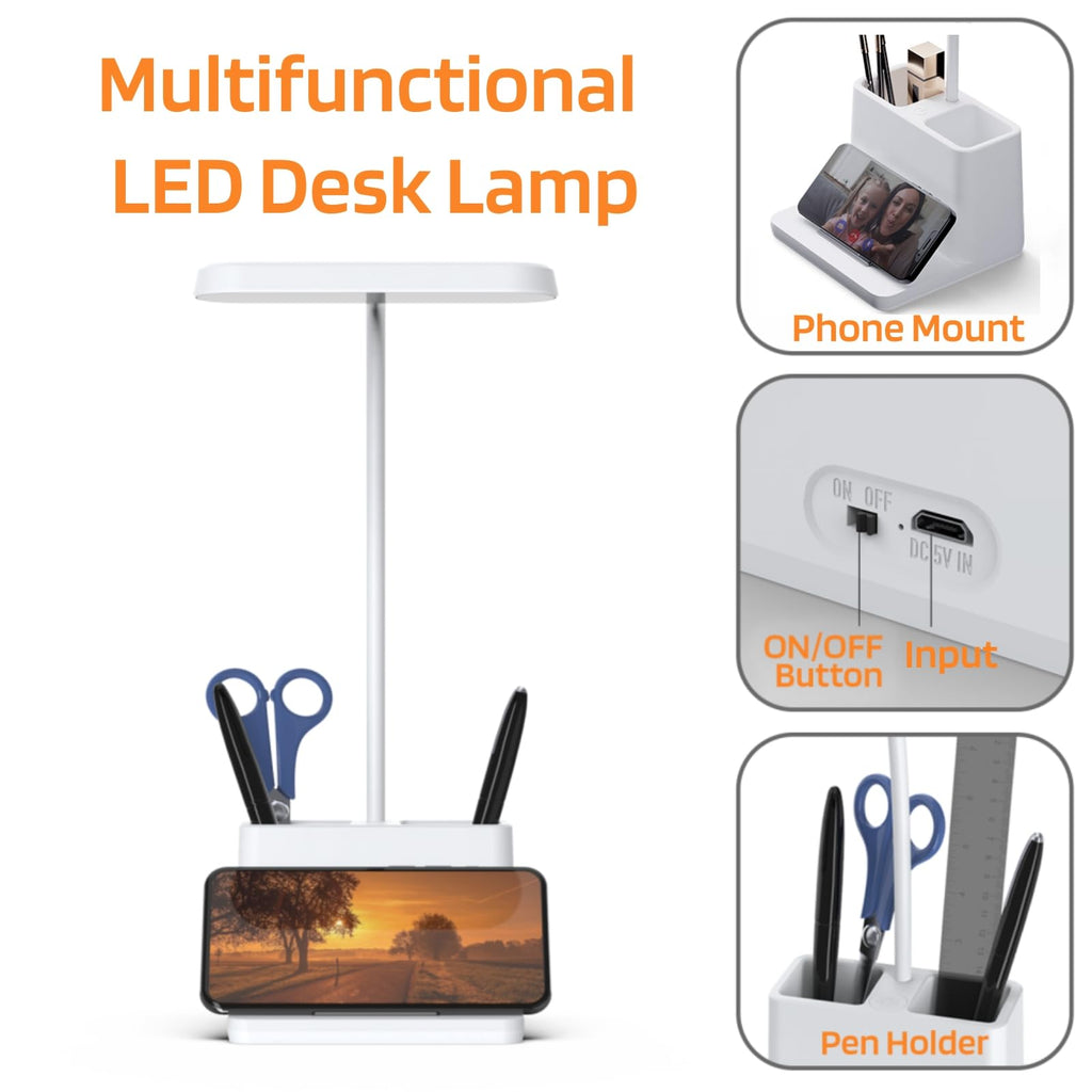 AXX Rechargeable Small Desk Lamp for Home Office Bedroom, Study Table Light for Kids Teens, White, LED, Pen Holder, Mini, Gooseneck, College Dorm Room Lighting for Computer Keyboard Desktop Task