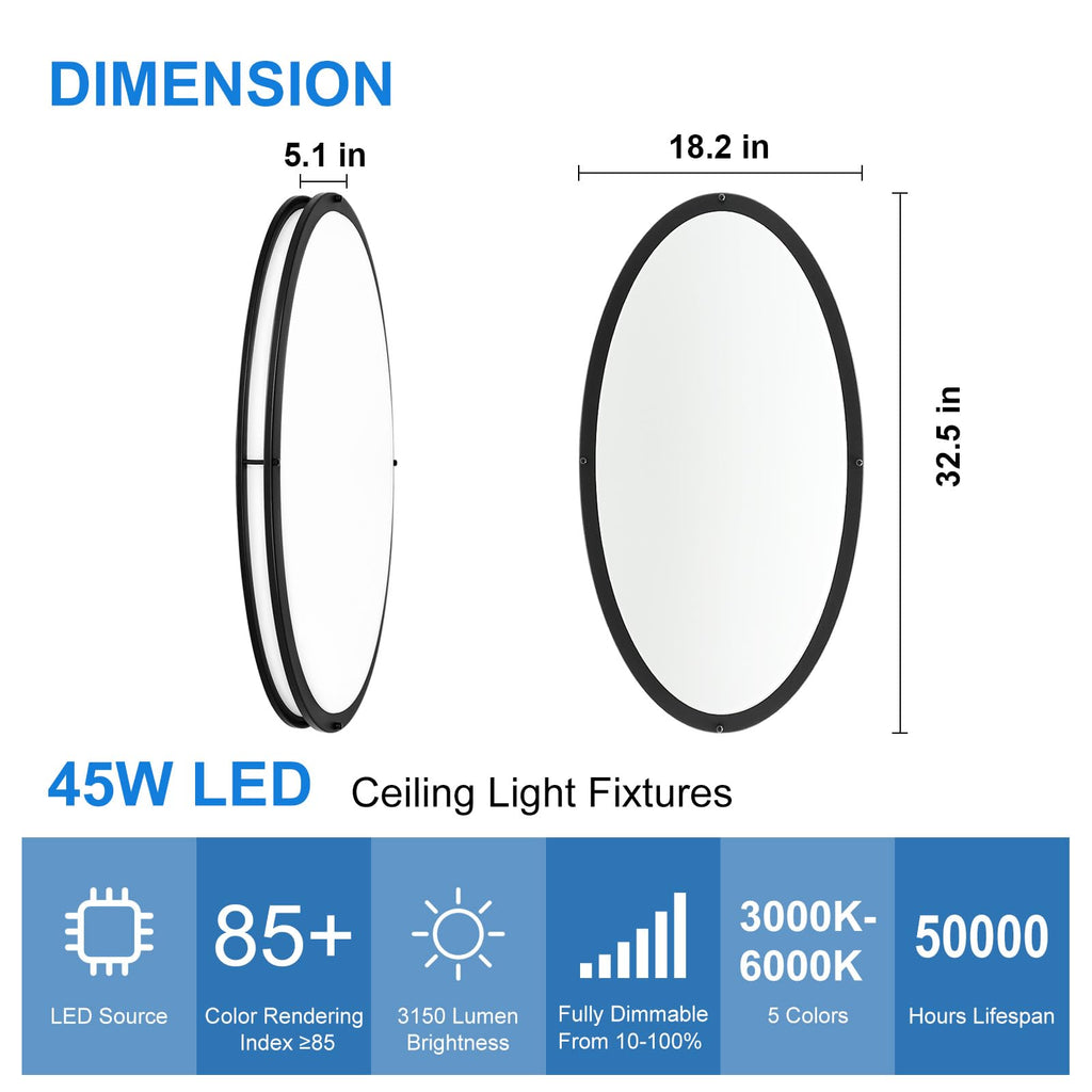 DLLT Flush Mount LED Ceiling Light: 32 Inch 5CCT (3000K-6000K) & Dimmable Ceiling Light Fixtures for Bedroom Hallway - 45W Modern Black Super Bright Kitchen Lighting Fixtures Ceiling