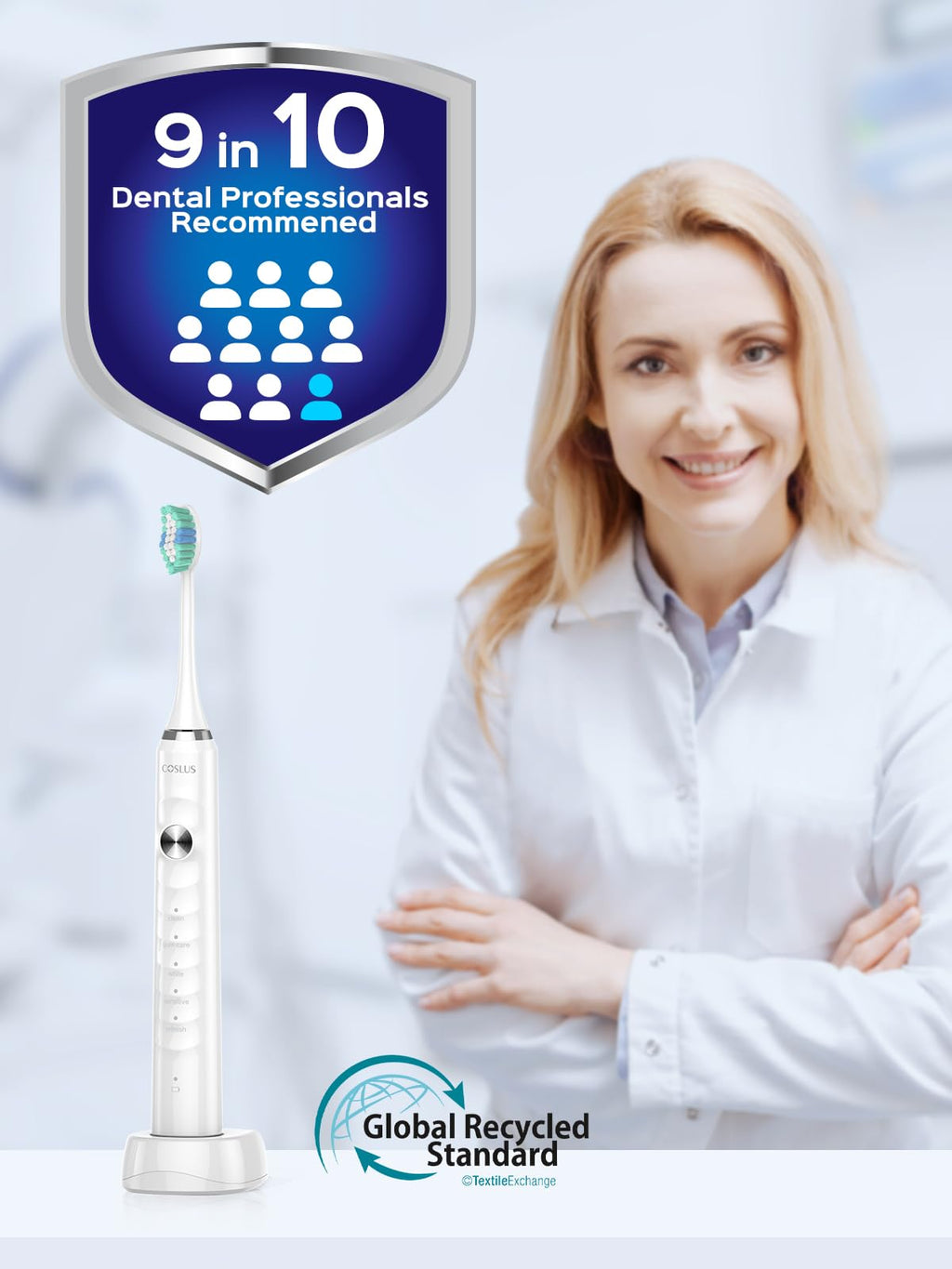 COSLUS Sonic Electric Toothbrush for Kids & Adults C40(DY-108Pro): 47000 VPM for Deep Cleaning with Travel Case - 5 Modes for Sensitive Teeth & Braces, Wireless Charging, 6 Brush Heads, White (1PC)
