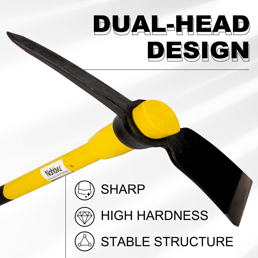 Nohovu Pickaxe with Shock Absorbing Fiberglass Handle, Heavy Duty Forged Steel Pick Axe for Digging, 36 Inches (406Y)