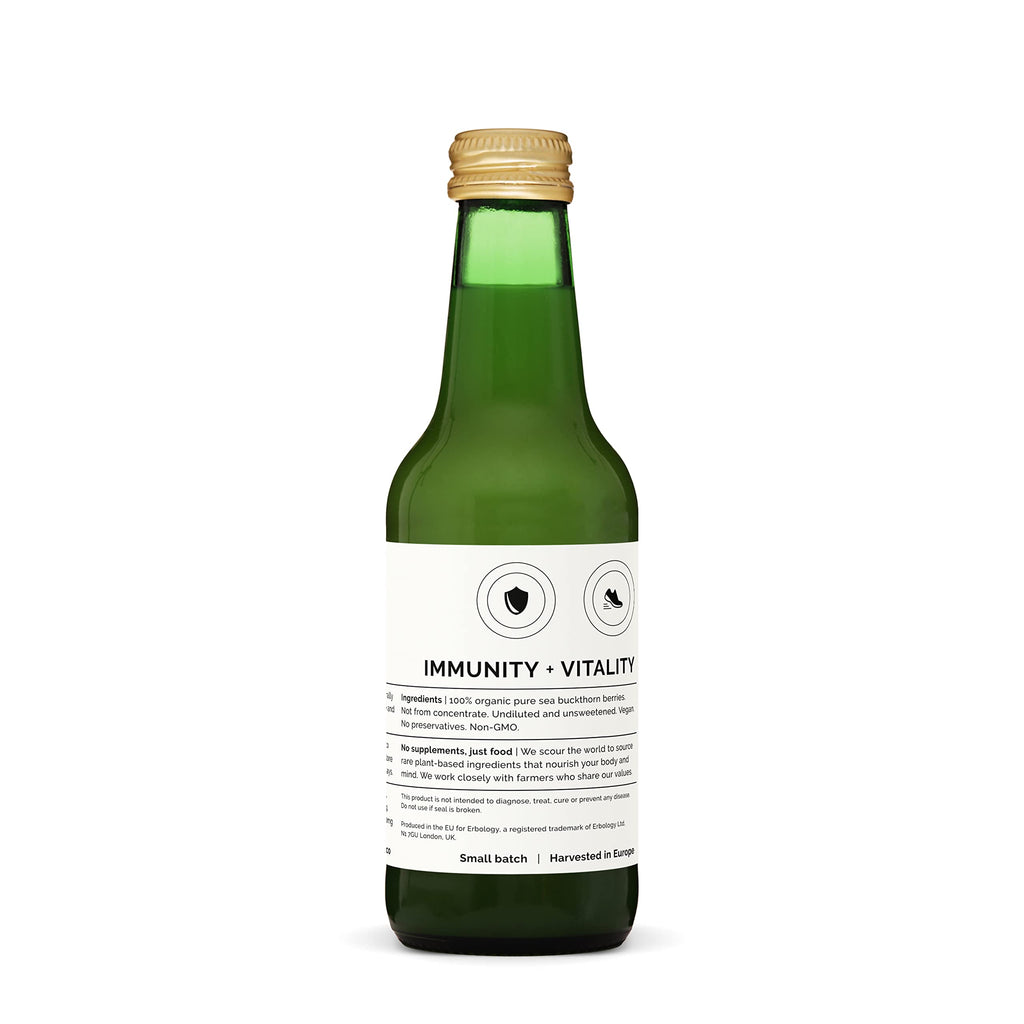 100% Organic Sea Buckthorn Juice 250ml (Box of 6) - Supports Immunity and Boosts Energy - High in Vitamin C, Omega-7 and Beta-carotene - Undiluted - No Added Sugar - Non-GMO - Recyclable Glass Bottle