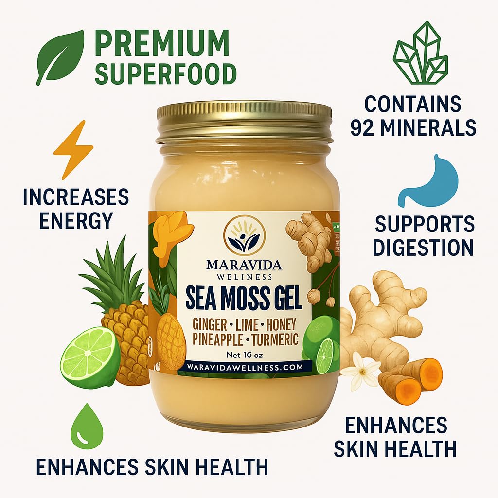 Maravida Wellness Sea Moss Gel – Pineapple, Lime, Honey, Ginger & Turmeric – 100% Natural Raw Organic Irish Moss – 16oz Jar – Premium Superfood for Everyday Wellness