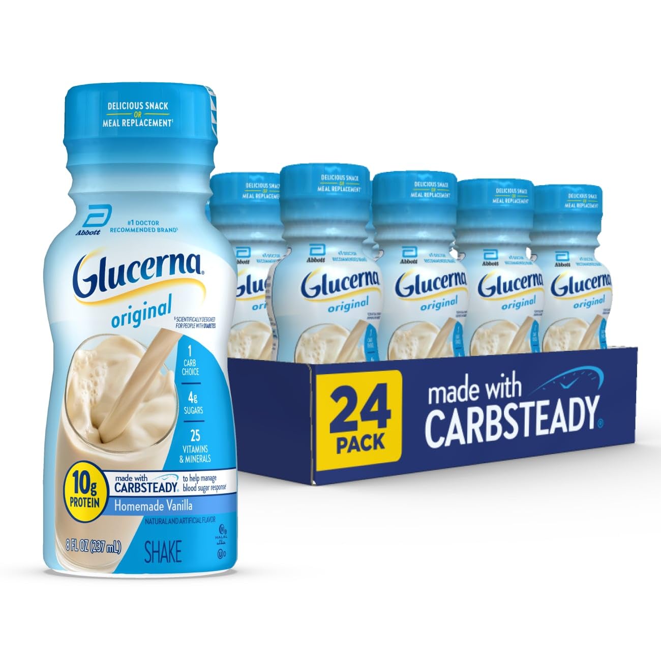 Glucerna Original Diabetes Care Shake, Homemade Vanilla, Diabetic Meal Replacement to Support Blood Sugar Management, 10g Protein, 180 Calories, Ready to Drink, 8-fl-oz Bottle, 24 Pack