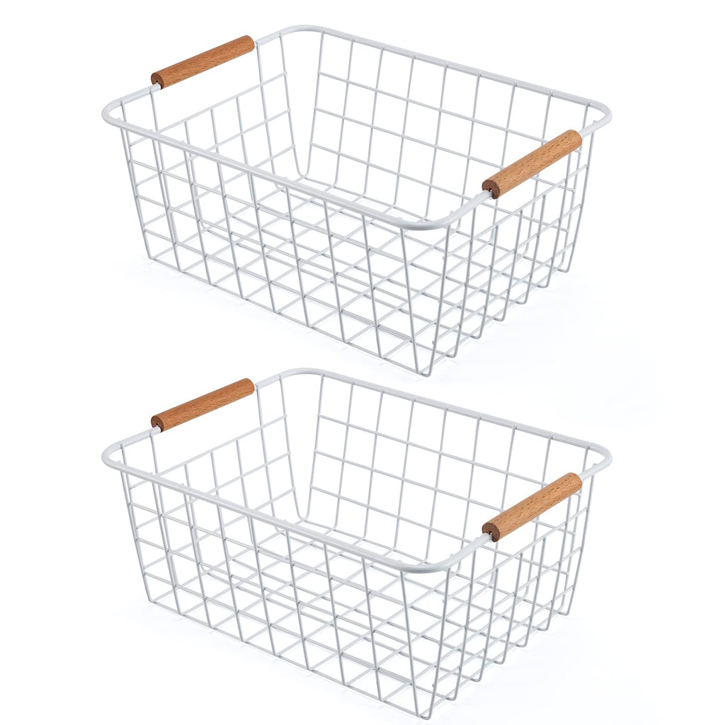 Wire Basket 2 Pcs Wire Storage Baskets Wire Baskets Organizing with Wooden Handles Wire Basket Pantry Organization and Storage Metal Wire Food Storage Basket for Kitchen, Cabinets (White 2PCS)