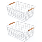Wire Basket 2 Pcs Wire Storage Baskets Wire Baskets Organizing with Wooden Handles Wire Basket Pantry Organization and Storage Metal Wire Food Storage Basket for Kitchen, Cabinets (White 2PCS)