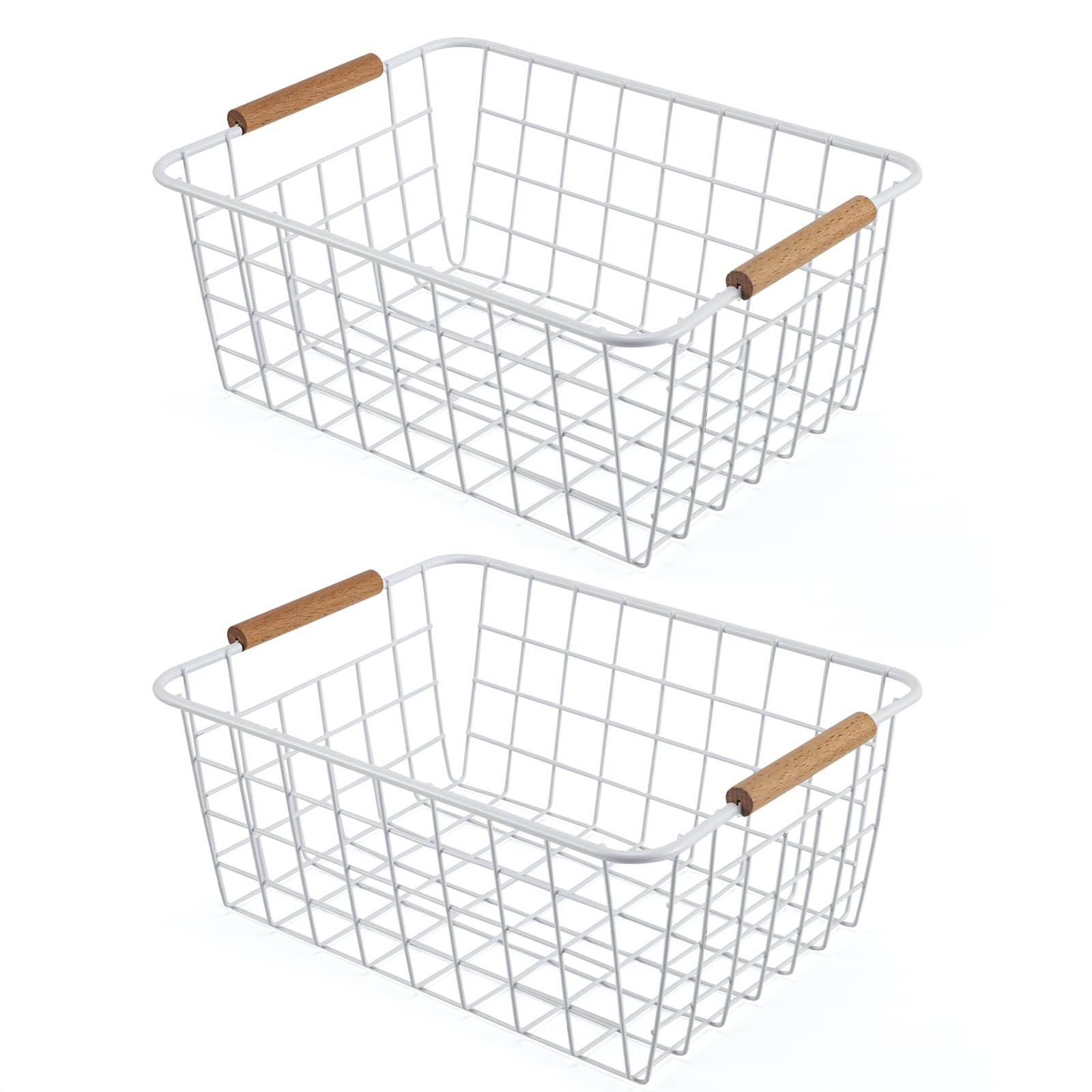 Wire Basket 2 Pcs Wire Storage Baskets Wire Baskets Organizing with Wooden Handles Wire Basket Pantry Organization and Storage Metal Wire Food Storage Basket for Kitchen, Cabinets (White 2PCS)