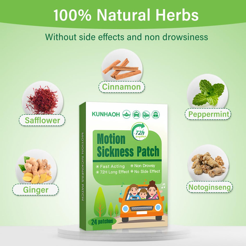 KUNHAOH Motion Sickness Patches Non Drowsy, 100% Natural Sea Sickness Patch(Efficient– Lasts 72 Hours)-for Car Airplane Ship Altitude Sickness(Travel Essentials 2026)-for Adults and Kids(48 Count)