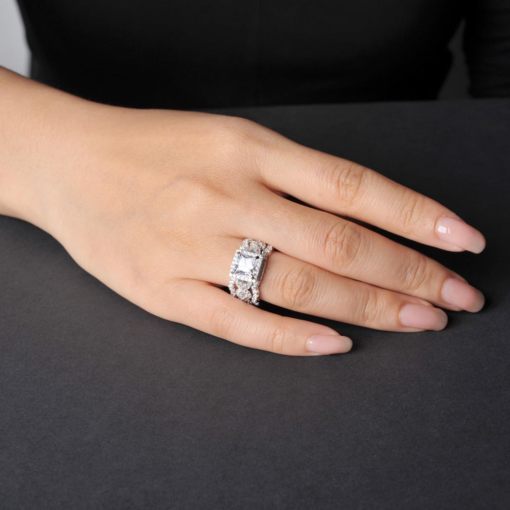 RYANEE Princess Cut Cubic Zirconia Halo Promise Engagement Ring For Women in 925 Sterling Silver, Simulated Diamond 14k White Gold Plated CZ Stackable Rings For Her, Wedding Band Bridal Ring Set 7