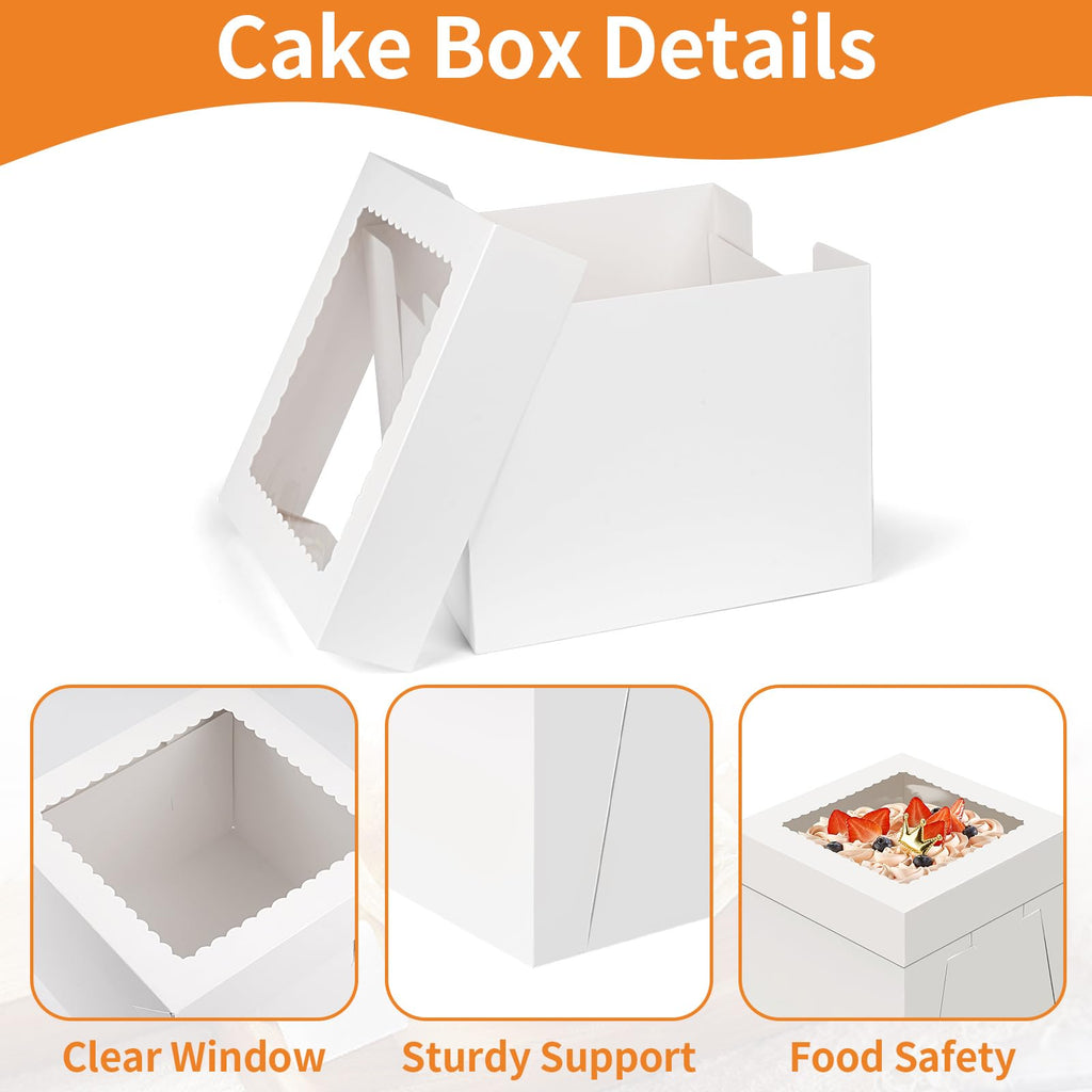 WINKIO Cake Box with Cake Boards, 10 Pack Disposable Cake Carrier, Cakes Transport Container, White Bakery Holder with Window (10, white, 10x10x8 Inches)
