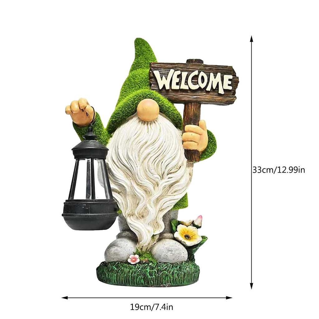 Meagkka Garden Gnome Statue Outdoor Decor Large Flocked Resin Gnome Figurine with Solar Light Holding Lantern Welcome Sign Garden Yard Decorations Dwarf Sculpture for Outside Patio Porch Lawn Decor.