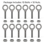 QWORK 3/8"x6" Stainless Steel Shoulder Eye Bolts – 10 Pack Machine Thread Set with Nuts for Metal Frame, Rigging & Cable Mounting