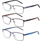 DJOLENSA 3 Pack Reading Glasses Men, Blue Light Blocking Reading Glasses 2.0, Anti Eyestrain/Glare/UV, Metal Frame Spring Hinge Computer Readers with Pouches (2.0+)