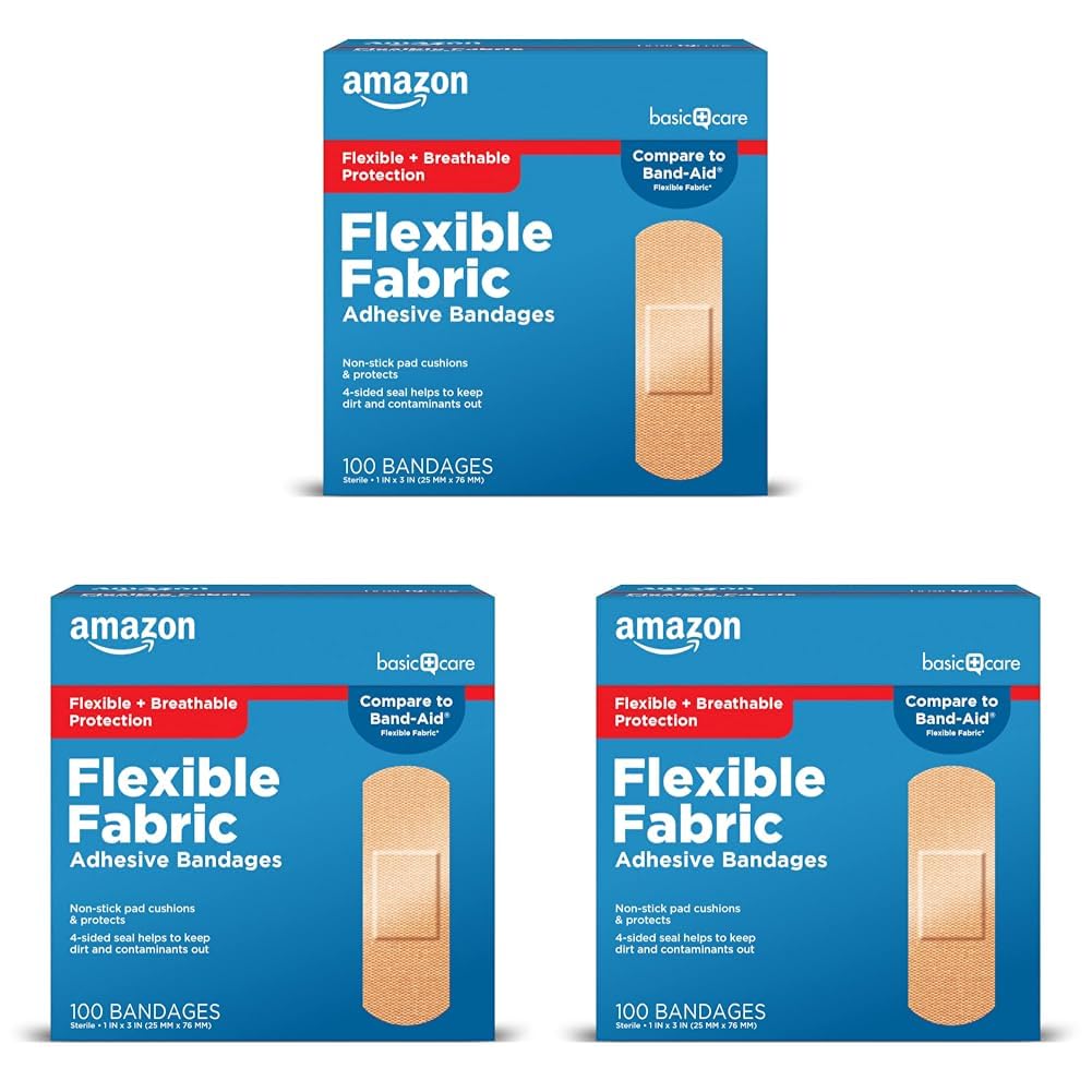 Amazon Basic Care Adhesive Bandages, Flexible Fabric, 100 Count | Pack of 3 | All-One Size | First Aid
