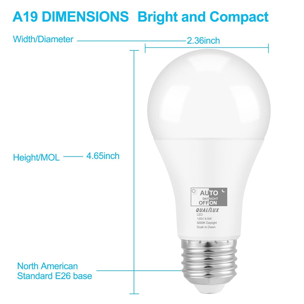 Qualilux Dusk to Dawn Light Bulbs 4000K Cool White (Neutral White), 850LM, 60W Equivalent, LED 9.5W, A19, E26 Base, 4-Pack, HQ-H014