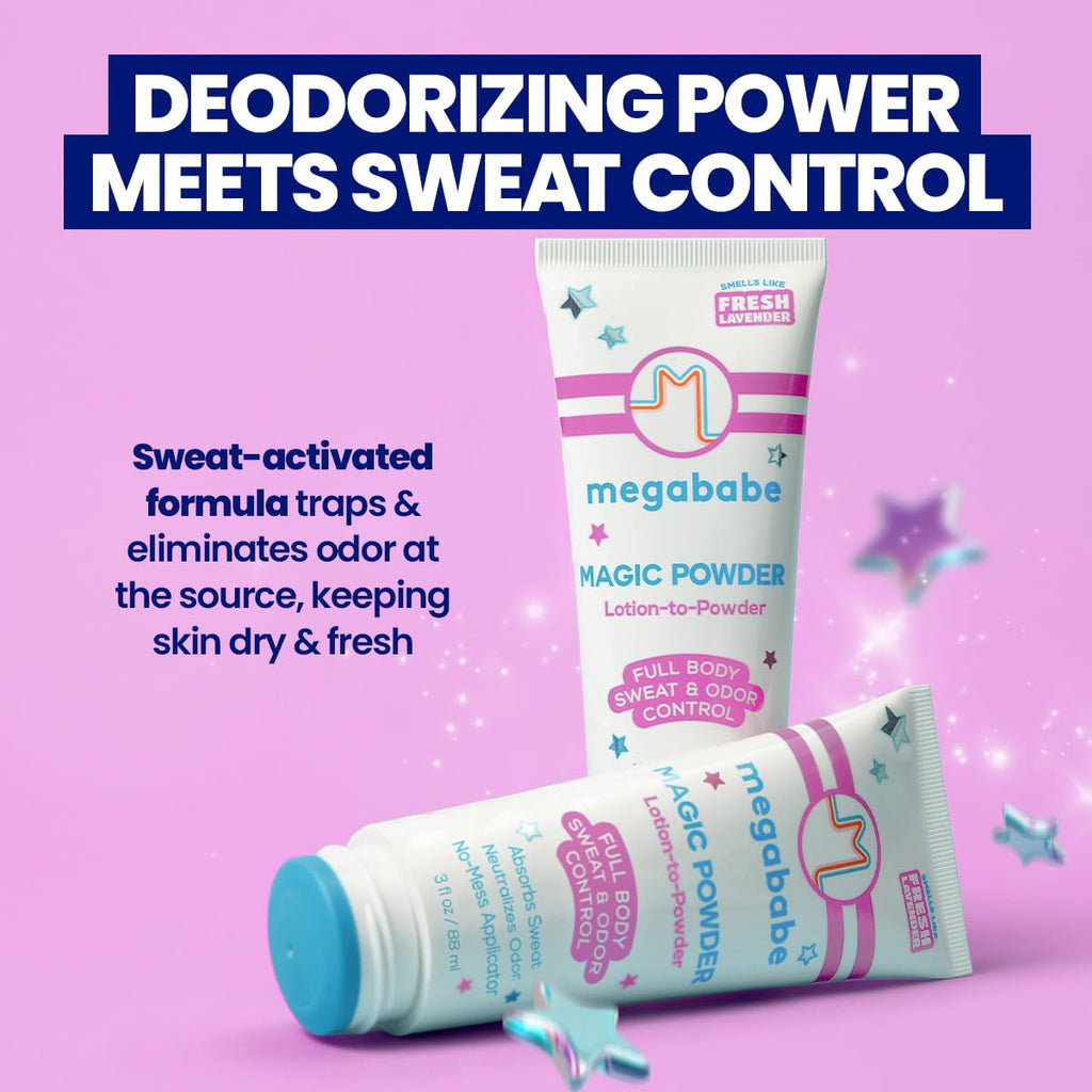 Megababe Sweat & Odor Absorbing Lotion - Magic Powder Stay-Dry Lotion to Powder | Spring Break Must-Have | Aluminum-Free, Talc-Free | 3 fl oz