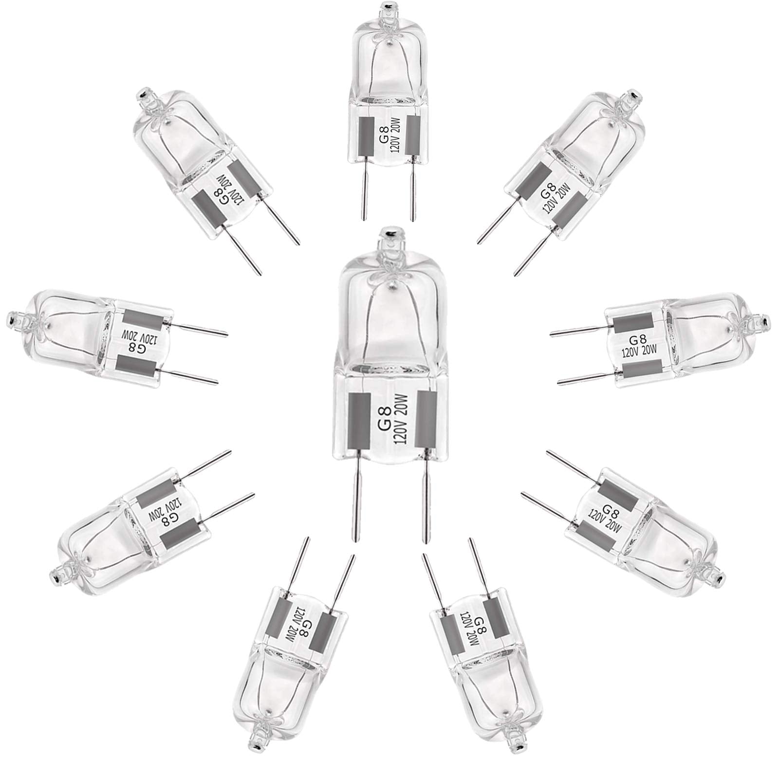 YBEK G8 Halogen Light Bulbs 20W 120V Under Cabinet Lighting Replacements 2Pin 2700K Warm White (Pack of 10)