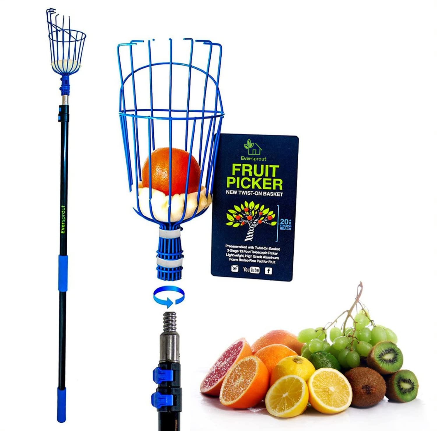 EVERSPROUT 4.5 to 12 Ft Fruit Picker with TwistOn Basket and Extension Pole