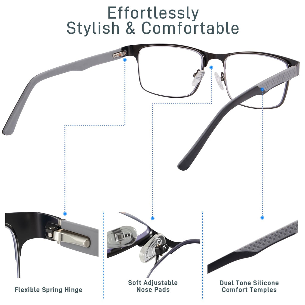 ZERPEET 2 Pack Men's Progressive Multifocal Reading Glasses,Rectangle Metal Frame with Spring Hinge Silicone Temple Blue Light Blocking Lenses Computer Readers Anti Eyestrain,2.5x