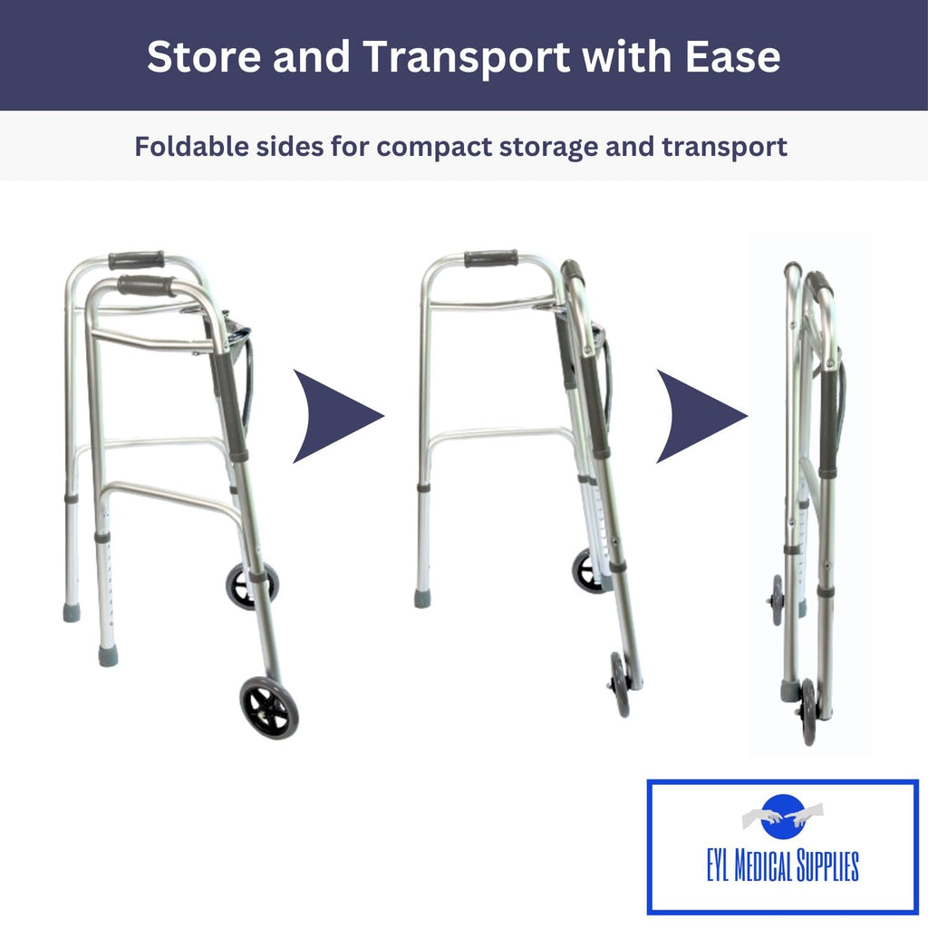 Foldable Lightweight Walker with 2 Wheels, Includes Ski Glides - Folding Design Ideal for Seniors and Elderly Adults - Adjustable for Tall Men and Women - Standing Handicap Mobility Aids