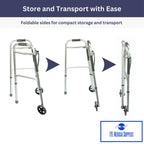 Foldable Lightweight Walker with 2 Wheels, Includes Ski Glides - Folding Design Ideal for Seniors and Elderly Adults - Adjustable for Tall Men and Women - Standing Handicap Mobility Aids