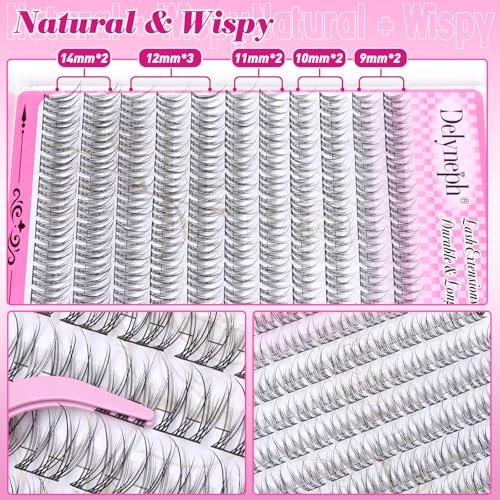 Natural Lash Clusters Kit Wispy 9-14MM Cluster Eyelash Extensions C Curl Eyelash Clusters Thin Band Individual Lashes DIY Lash Extension Kit with Lash Remover for Self Application by Delyneph