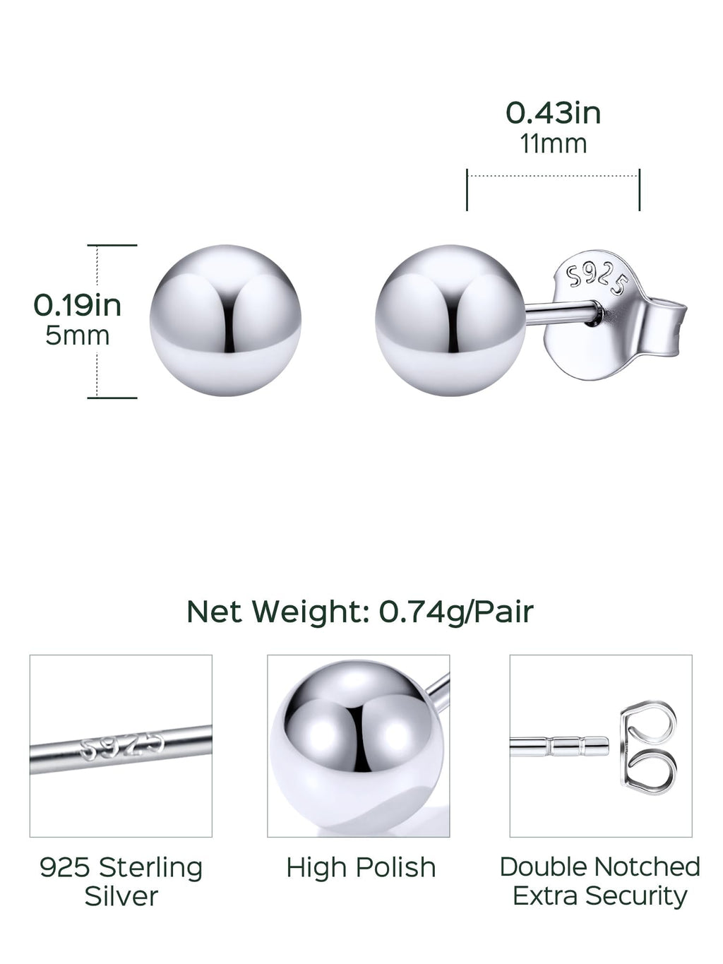 ChicSilver 925 Sterling Silver Ball Stud Earrings for Women, Hypoallergenic Silver Studs, Small Round Ball Earrings 5MM
