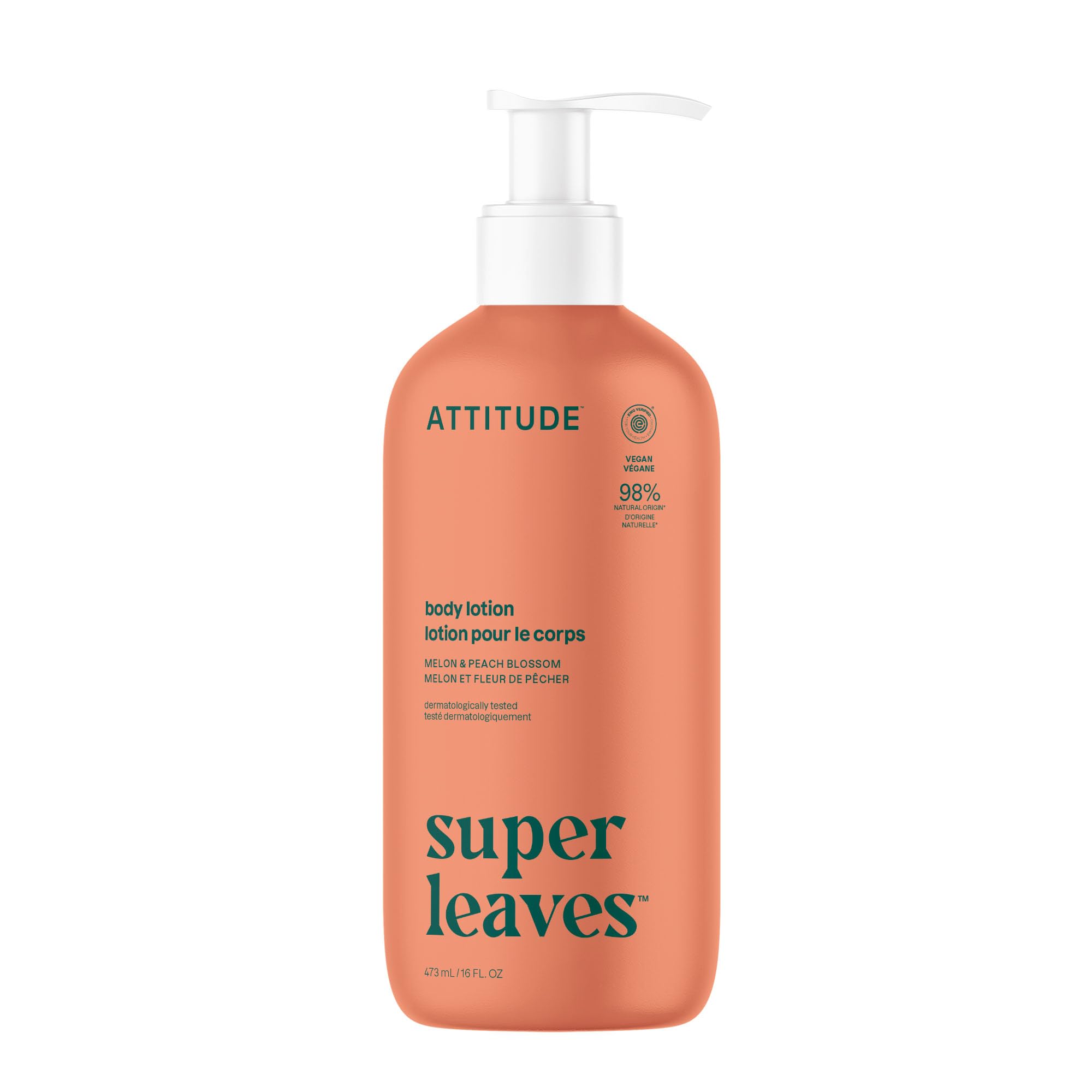 ATTITUDE Body Lotion, EWG Verified Moisturizer, Vegan Skin Care Products, Non-Greasy, Hydrating for Dry Skin, Cruelty Free, Glowing, Melon & Peach Blossom Scent, 16 Fl Oz