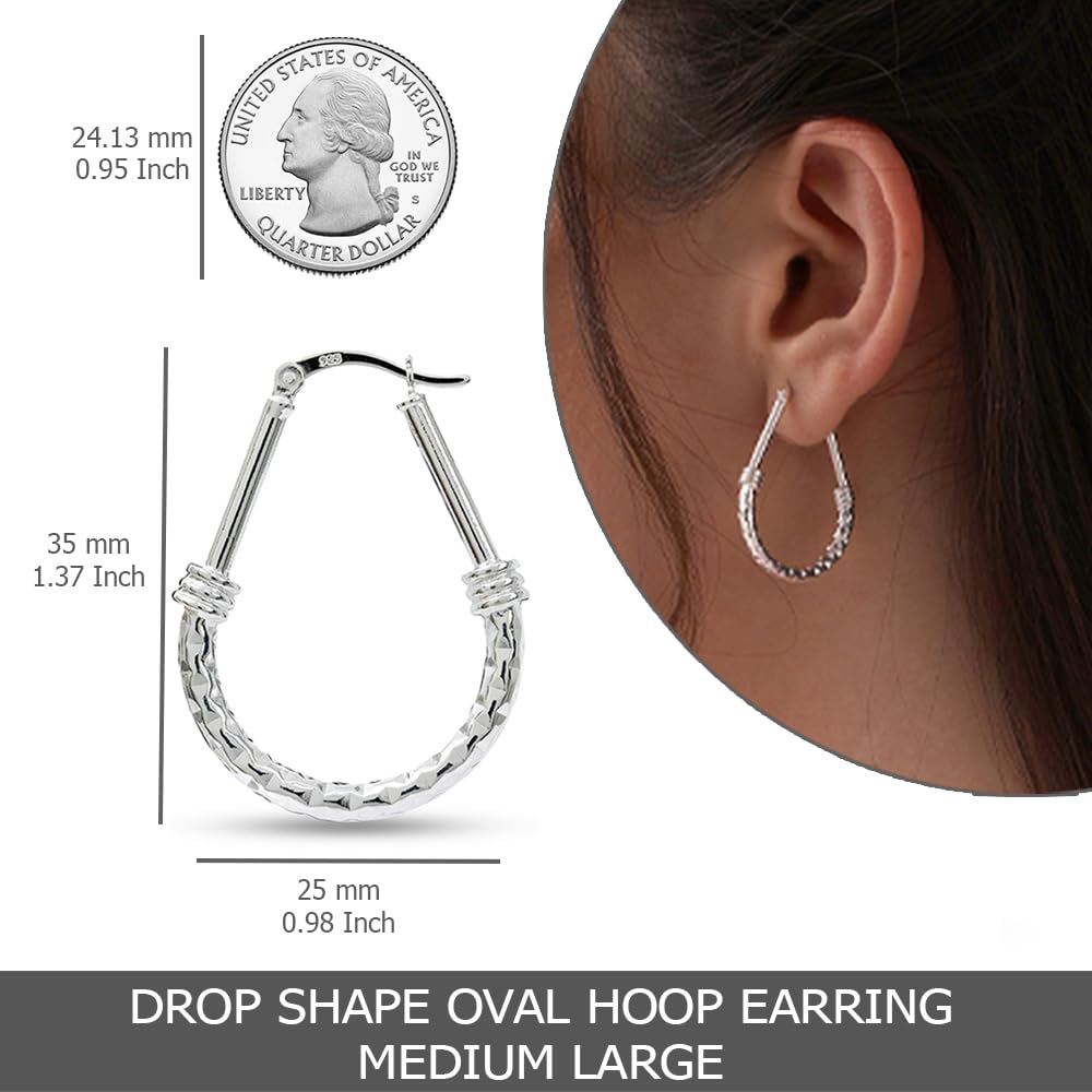 LeCalla 925 Sterling Silver Hoop Earrings for Women - Classic Diamond Cut Oval Hoop Earrings Trendy | Anti Tarnish Textured Hoops Jewelry Gifts for Women | Jewelry for Work, Party, Anniversary & Birthday 35mm
