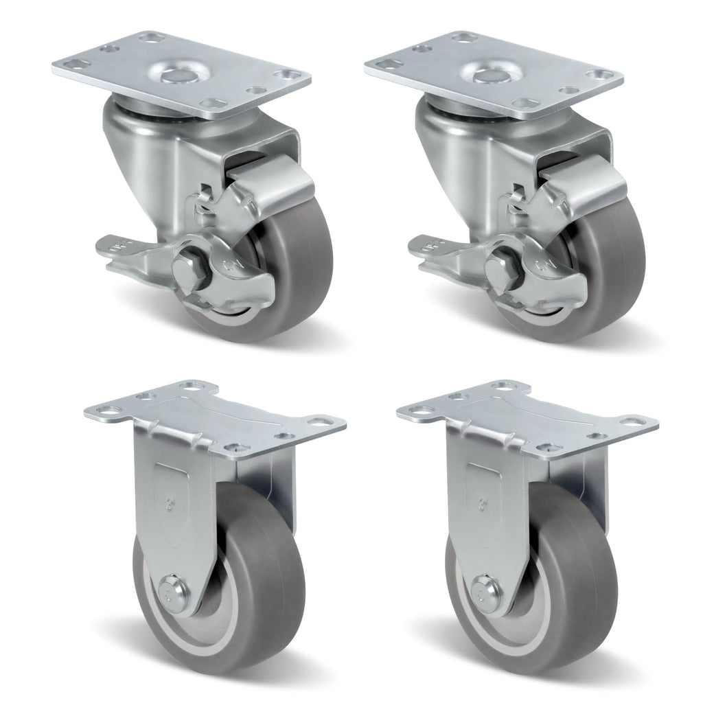 NINOSO 3" Heavy Duty Casters, Swivel Caster Wheels with Brakes, Plate Casters with Rubber Wheel for Furniture Platform Truck Dolly Cart, Set of 4 (2 Brakes & 2 Rigid)