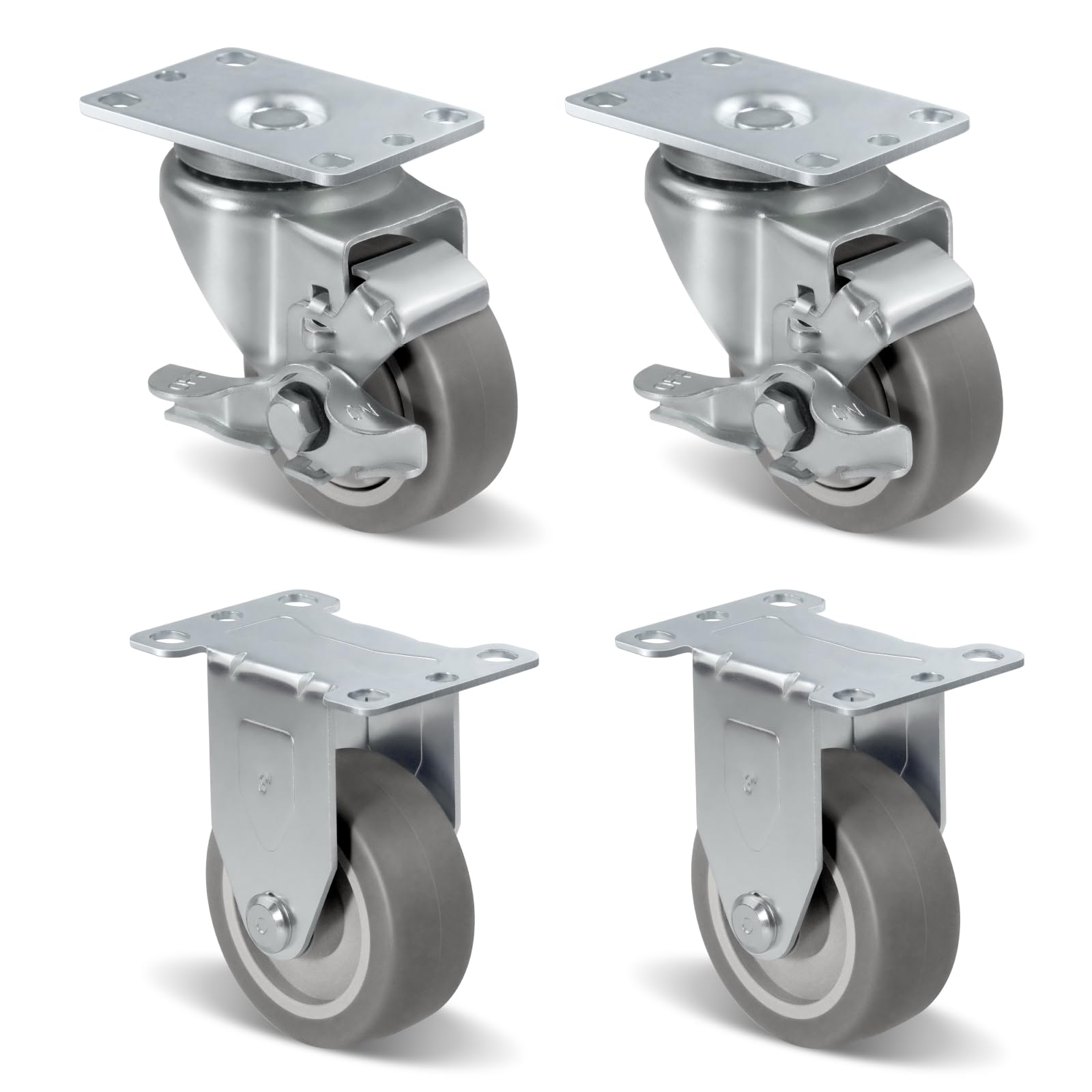 NINOSO 3" Heavy Duty Casters, Swivel Caster Wheels with Brakes, Plate Casters with Rubber Wheel for Furniture Platform Truck Dolly Cart, Set of 4 (2 Brakes & 2 Rigid)