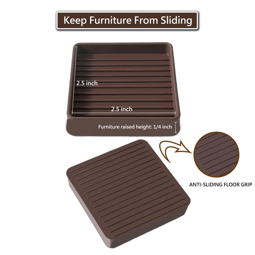 2.5x2.5 Square Rubber Furniture Caster Cups, Anti-Sliding Furniture Pads Bed Stopper Floor Protectors with Grip - Protect Any Flooring