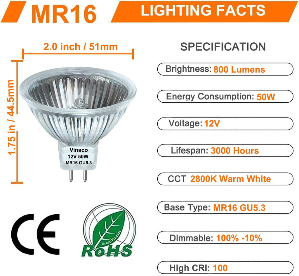 Vinaco MR16 Halogen Bulb 50W 12V, 6p Pack MR16 Bulb Dimmable, Long Lasting MR 16 GU5.3 50Watt Bulb, 2800K Warm White with GU5.3 Base, Halogen 12V 50w for Landscape, Track Lights, and Fiber Optics