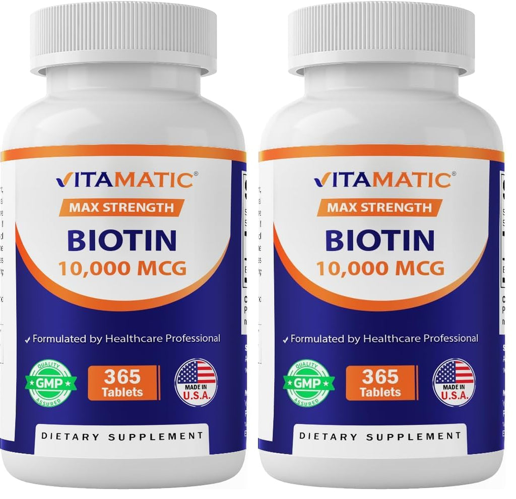 Vitamatic Biotin 10,000 mcg (10 mg) for Stronger Hair, Skin & Nails - 365 Vegan Tablets- Also Called Vitamin B7 (Pack of 2)