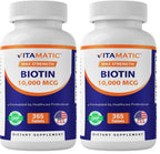 Vitamatic Biotin 10,000 mcg (10 mg) for Stronger Hair, Skin & Nails - 365 Vegan Tablets- Also Called Vitamin B7 (Pack of 2)