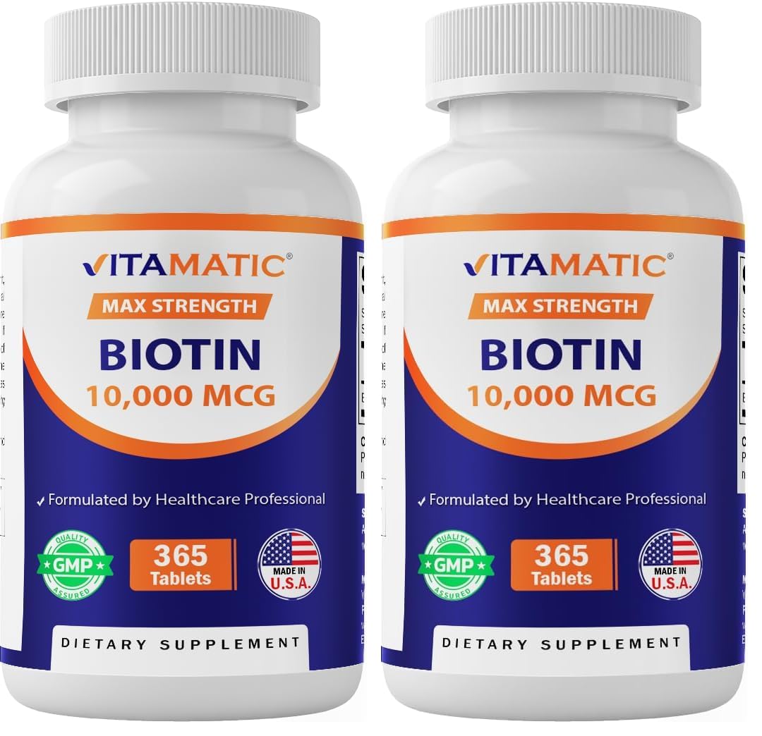 Vitamatic Biotin 10,000 mcg (10 mg) for Stronger Hair, Skin & Nails - 365 Vegan Tablets- Also Called Vitamin B7 (Pack of 2)