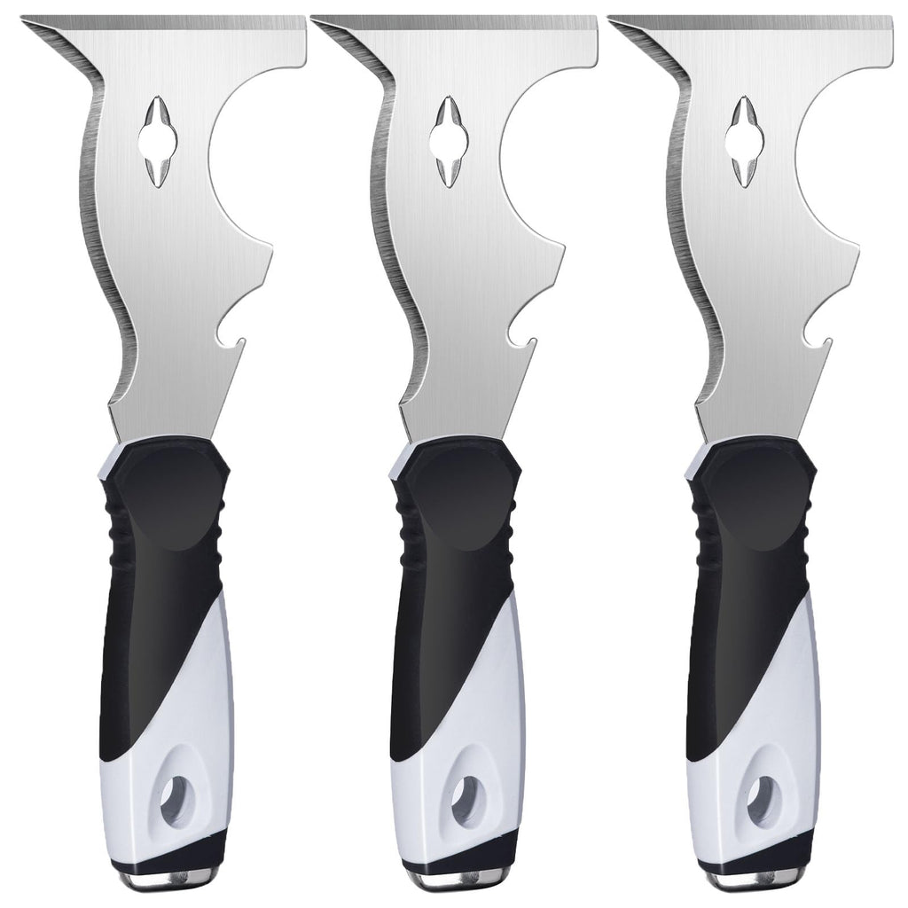 Mister Rui Paint Scraper, 3 Pack Multi Use Paint Tools Putty Knife 10 in 1, Paint Scraper Tools for Painting, Metal Scraper with Hammer End, Taping Knife, Spackle Tool