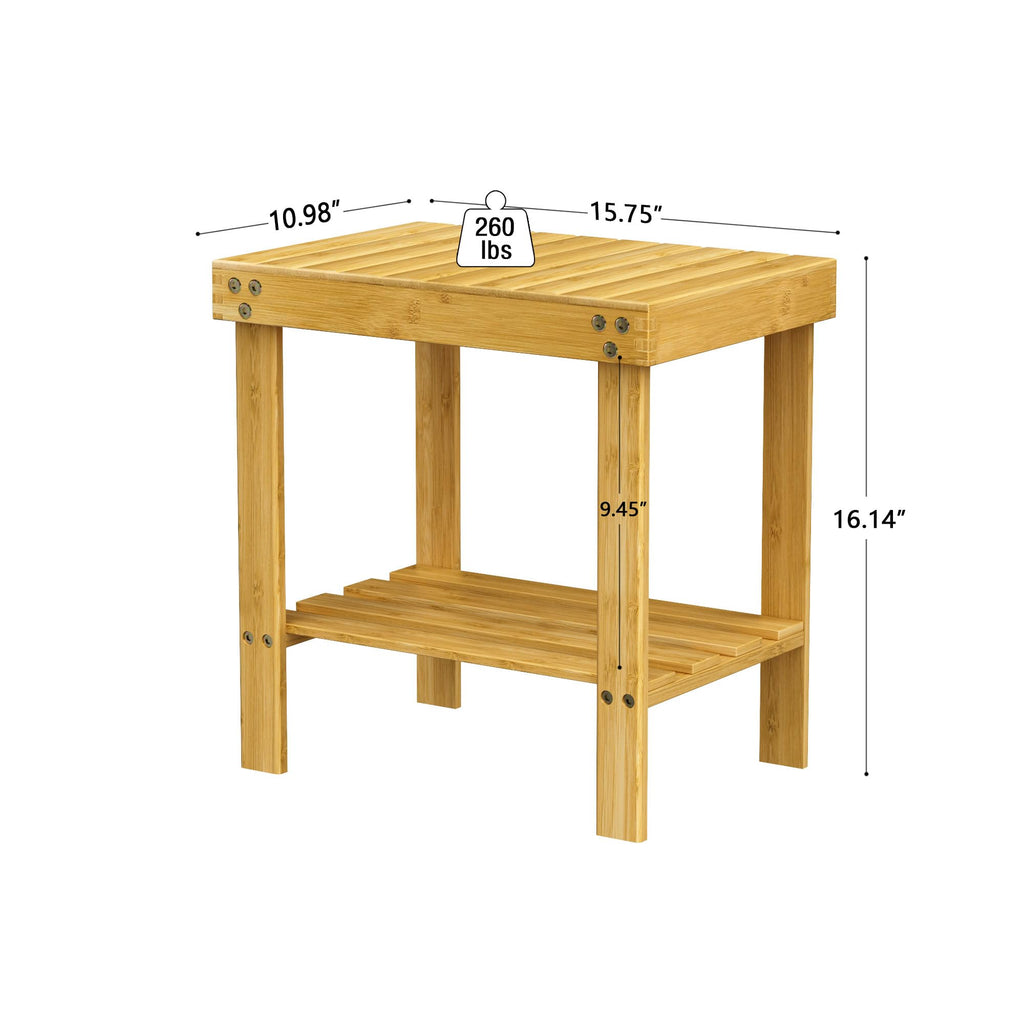 Bamboo Shower Bench, Shower Chair with Non-Slip Feet Storage Shelf Safe and Stable, Kids Adults Wooden Stool for Bathroom, Bedside, Living Room, Spa