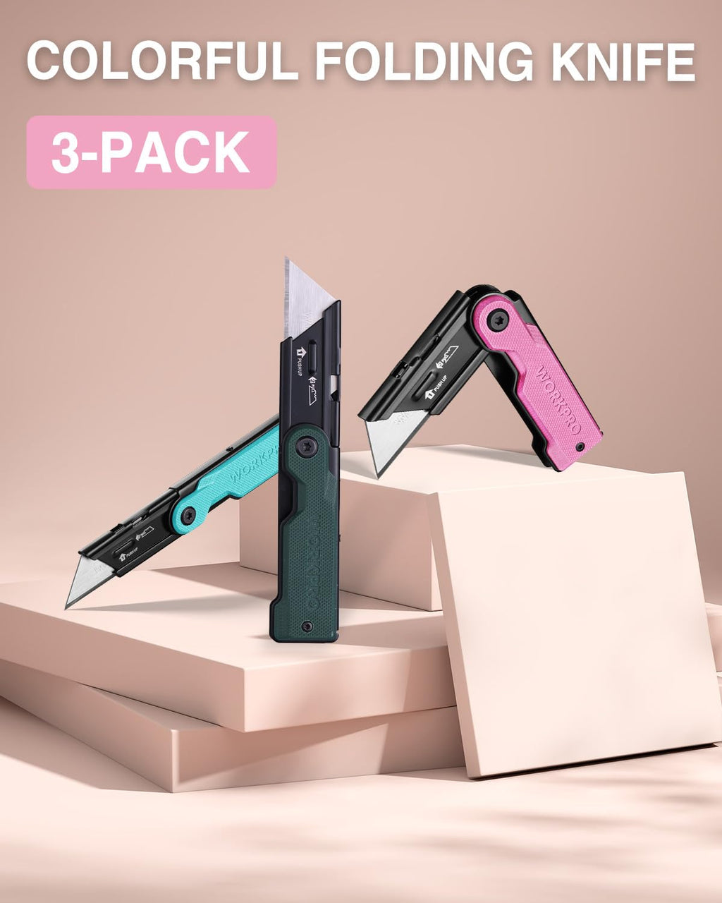 WORKPRO 3-Pack Folding Utility Knife Set, G10 Handle Box Cutter with 10 Extra SK5 Blades, Quick-Change Razor Knife with Belt Clip, EDC Utility Knife for DIY, Office, Home – Multicolor