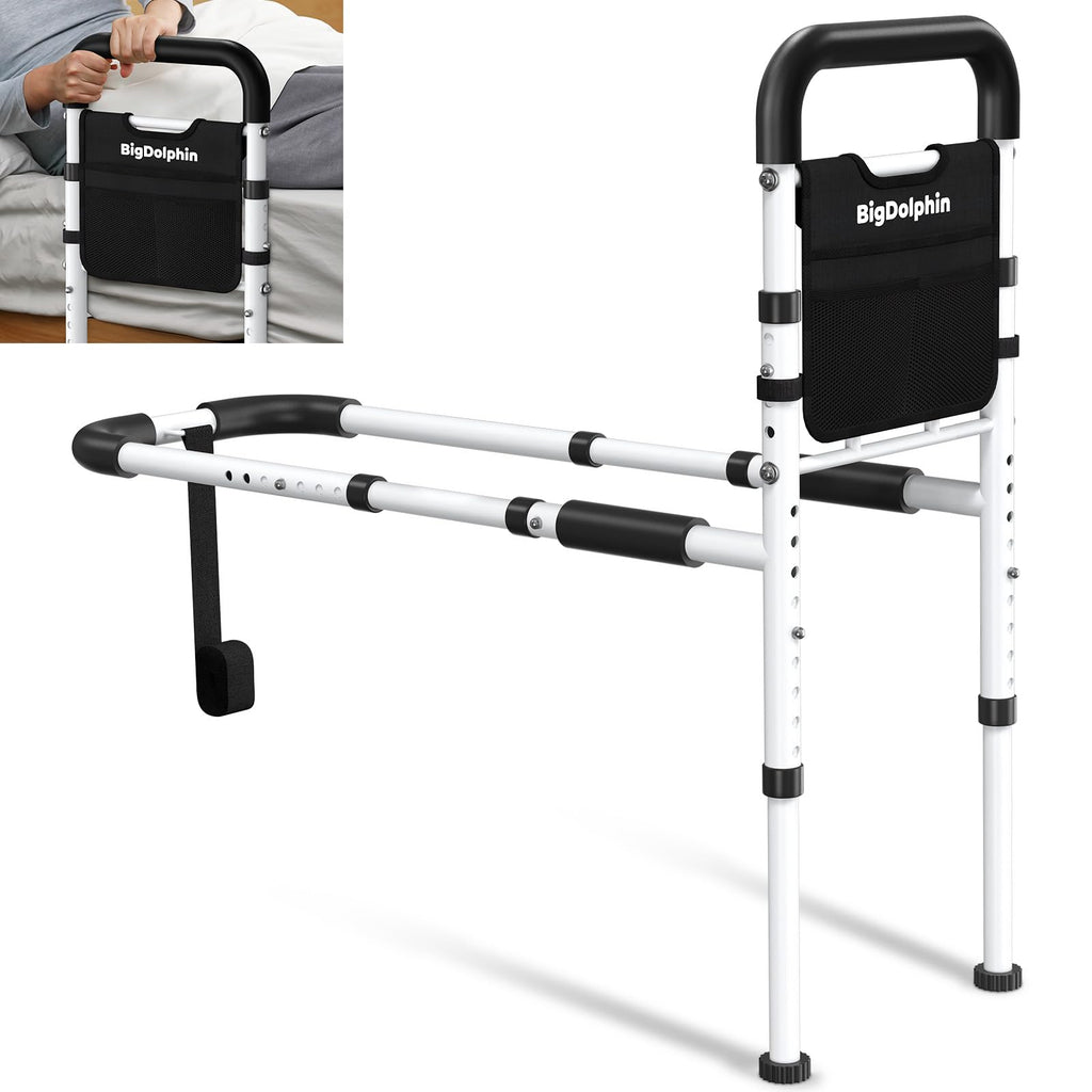 BigDolphin Bed Rails for Elderly Adults - ASTM Approved, 350 LBS Capacity, Tool-Free Assembly, Non-Slip Ergonomic Handle with Storage Pocket, Safe Bed Rails for Seniors