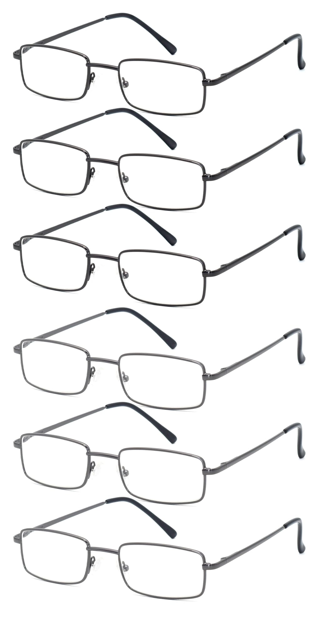 6-Pack Metal Reading Glasses for Men Women Spring Hinge Readers Clear Lens Non Yellow Coating, 3 Black 3 Gunmetal 2.0 x