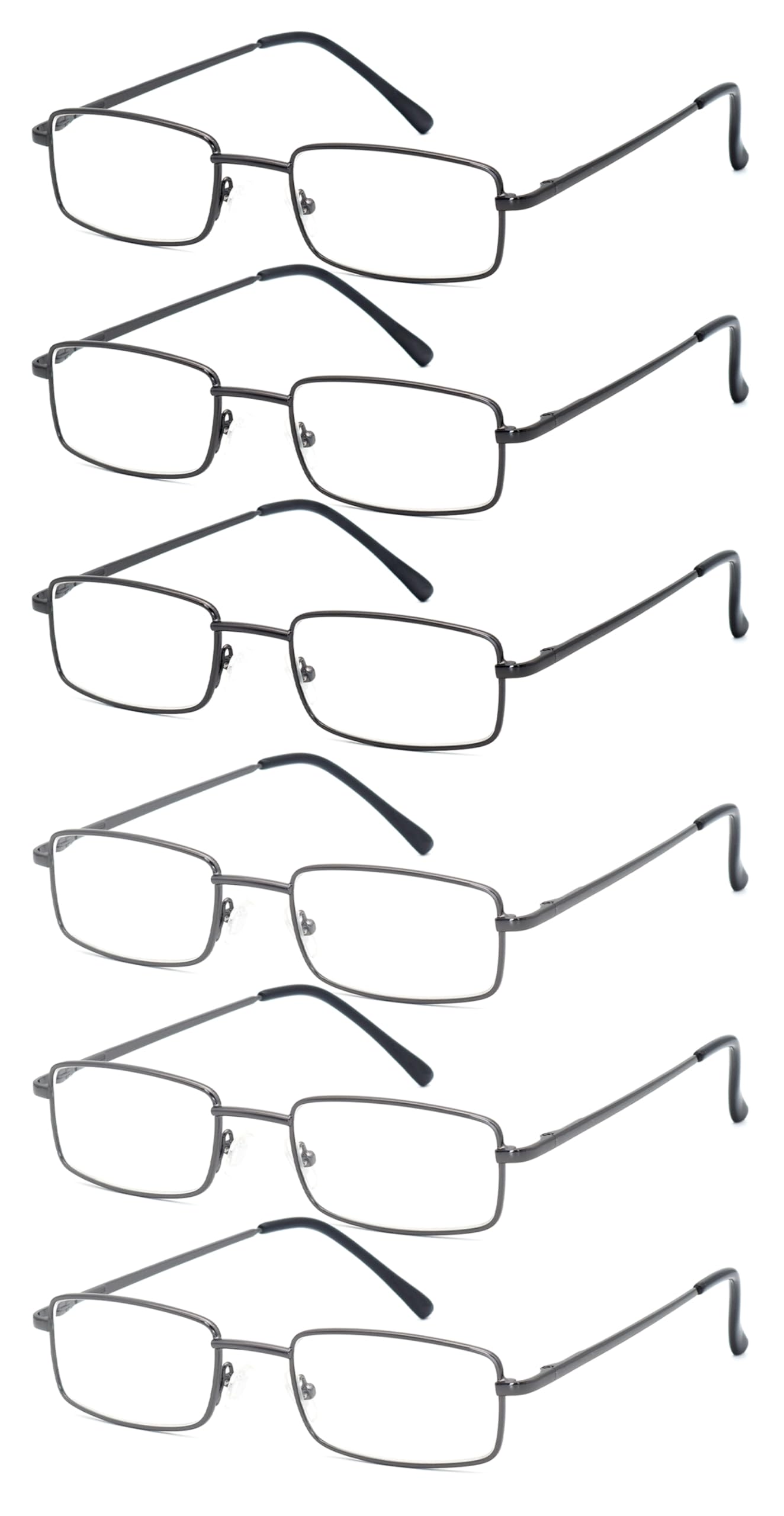 6-Pack Metal Reading Glasses for Men Women Spring Hinge Readers Clear Lens Non Yellow Coating, 3 Black 3 Gunmetal 2.0 x